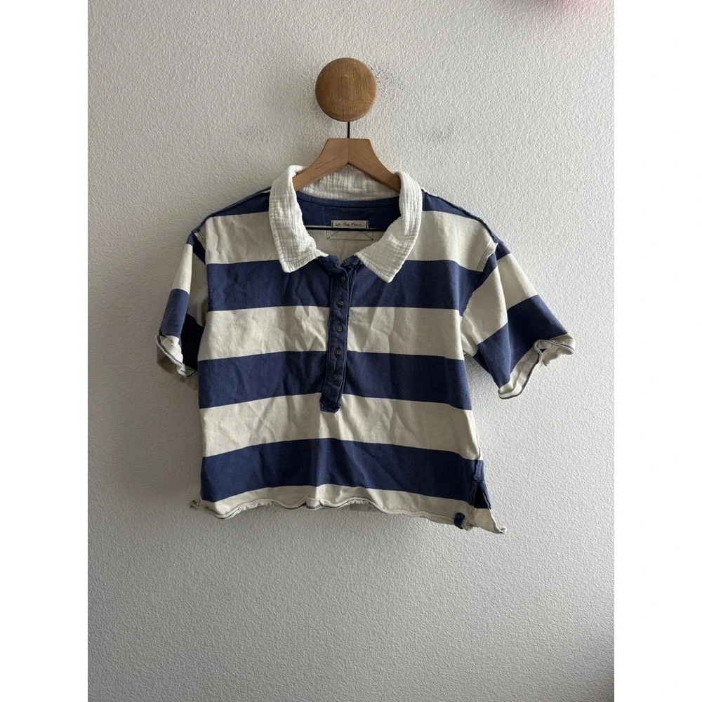We The Free People Blue White Striped Cropped Rugby Polo Shirt Size XS